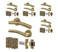 Afit Brass Door Handles Round Rose, 5 Pairs Antique Brass Curved Internal Lever Handles, Latch 64mm And Hinges - Arco
