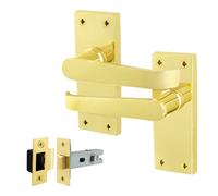 Afit Brass Door Handles With Latch, 1 Pair Internal Victorian Straight Pattern Polished Brass On Backplate, Latch 64mm