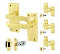 Afit Brass Door Handles With Latch, 4 Pairs Internal Victorian Straight Pattern Polished Brass On Backplate, Latch 64mm