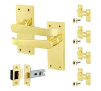 Afit Brass Door Handles With Latch, 5 Pairs Internal Victorian Straight Pattern Polished Brass On Backplate, Latch 64mm