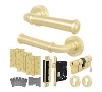 Afit Brass Fire Door Handle Euro Lock And Double Cylinder Set Satin Brass Internal Fir Handle Locks Hinges, Callo 1 Pack