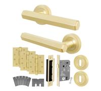 Afit Brass Fire Door Handle Key Lock Set Satin Brass Internal Fir Door Handle With 80mm Lock And 102mm Hinges, Monet 1 Pack