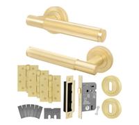 Afit Brass Fire Door Handle Key Lock Set Satin Brass Internal Fir Door Handle With 80mm Lock And 102mm Hinges, Linea 1 Pack