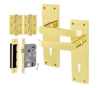 Afit Brass Lock Door Handles Set, 1 Pair Internal Victorian Straight Polished Brass On Backplate, Hinges, Sashlock 64mm