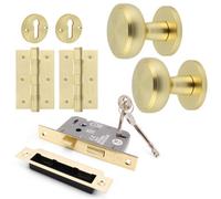 Afit Brass Locking Door Knob Set 60mm Knobset 80mm Sashlock Keyhole Escutcheons 76mm Hinges Medena Premium Style Range Satin
