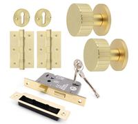 Afit Brass Locking Door Knob Set 60mm Knobset 80mm Sashlock Keyhole Escutcheons 76mm Hinges Notar Premium Style Range Satin Brass