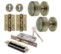 Afit Brass Locking Door Knob Set 60mm Knobset 80mm Sashlock Keyhole Escutcheons 76mm Hinges Taman Premium Range Antique Brass