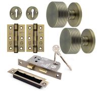Afit Brass Locking Door Knob Set 60mm Knobset 80mm Sashlock Keyhole Escutcheons 76mm Hinges Tibet Premium Range Antique Brass