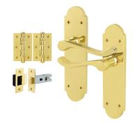 Afit Brass Victorian Door Handles Latch Set, 1 Pair Of Internal Polished Brass Scroll Backplate, Hinges, Latch 64mm