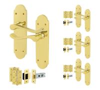 Afit Brass Victorian Door Handles Latch Set, 4 Pairs Of Internal Polished Brass Scroll Backplate, Hinges, Latch 64mm