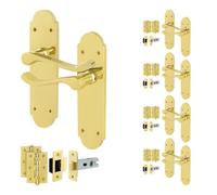 Afit Brass Victorian Door Handles Latch Set, 5 Pairs Of Internal Polished Brass Scroll Backplate, Hinges, Latch 64mm
