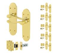 Afit Brass Victorian Door Handles Latch Set, 6 Pairs Of Internal Polished Brass Scroll Backplate, Hinges, Latch 64mm