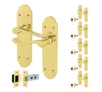 Afit Brass Victorian Door Handles With Latch, 6 Pairs Internal Polished Brass Victorian Scroll Backplate, Latch 64mm