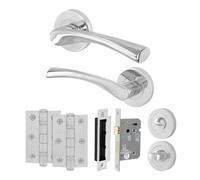 Afit Chrome Bathroom Door Handle Round Rose Set, 1 Pair Of Polished Chrome Internal Handles, Lock (80mm), Hinges - Novi