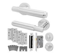 Afit Chrome Fire Door Handle Bathroom Set, Polished Chrome Internal Fir Door Handle, 80mm Bathroom Lock 102mm Hinges, Fleur