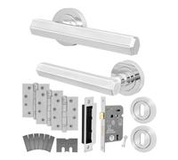 Afit Chrome Fire Door Handle Key Lock Set, Polished Chrome Internal Fir Door Handle, 80mm Lock, 102mm Hinges, Monet 1 Pack