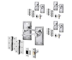 Afit Chrome Georgian Door Handle On Backplate Latch Set Rope Edge Internal Pack Of 4 With 64mm Latch And 76mm Hinges Polished
