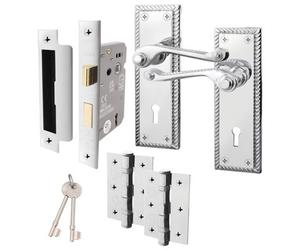 Afit Chrome Georgian Locking Door Handle On Backplate Set For Internal Doors With 64mm Sashlock And 76mm Hinges Polished