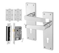 Afit Chrome Lock Door Handles Set, 1 Pair Internal Victorian Straight Polished Chrome Backplate, Hinges, Sashlock 64mm