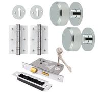 Afit Chrome Locking Door Knob Set 60mm Knobset 80mm Sashlock Keyhole Escutcheons 76mm Hinges Taman Premium Range Polished Chrome