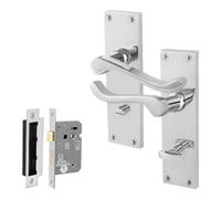 Afit Chrome Scroll Door Handles Bathroom Set, 1 Pair Of Internal Victorian Scroll Backplate Handles And Lock (64mm)