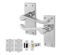 Afit Chrome Scroll Door Handles Latch Set, 1 Pair Of Internal Victorian Scroll Backplate Handles, Latch 64mm And Hinges