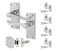 Afit Chrome Scroll Door Handles Latch Set, 5 Pairs Of Internal Victorian Scroll Backplate Handles, Latch 64mm And Hinges