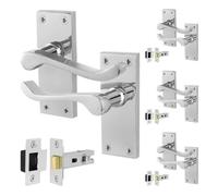 Afit Chrome Scroll Door Handles With Latch, 4 Pairs Of Internal Victorian Scroll Backplate Handles And Latch (64mm)