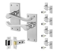 Afit Chrome Scroll Door Handles With Latch, 5 Pairs Of Internal Victorian Scroll Backplate Handles And Latch (64mm)