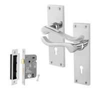 Afit Chrome Scroll Door Handles With Lock, 1 Pair Of Internal Victorian Scroll Backplate Handles And Sashlock (64mm)