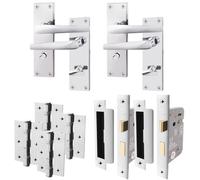 Afit Chrome Straight Bathroom Door Handle On Backplate Set For Internal Doors Pack Of 2 With 64mm Bathroom Lock And 76mm Hinges