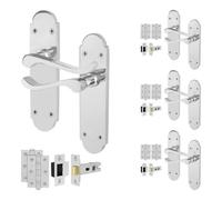 Afit Chrome Victorian Door Handles Latch Set, 4 Pairs Of Internal Polished Chrome Scroll Backplate, Hinges, Latch 64mm