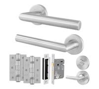 AFIT Door Handles Bathroom Lock 76mm, Hinge Kit, Satin Lever Rose Handles in Silver | Size: 150mm x 150mm AFIT Silver 150mm x 150mm