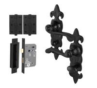 Afit Fleur De Lys Black Antique Door Handles Bathroom Kit, 1 Pair Rustic Cast Iron Internal Handles, Lock 80mm, Hinges