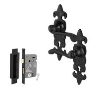 Afit Fleur De Lys Black Antique Door Handles Key Lock Kit, 1 Pair Rustic Cast Iron Internal Door Handles And Lock 64mm