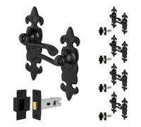 Afit Fleur De Lys Black Antique Door Handles Latch Pack, 5 Pairs Rustic Cast Iron Internal Door Handles And Latch 64mm