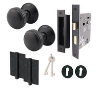 Afit Lined Key Lock Door Knob Set Matt Black - 1 Pair Of Mortice Knobs (55mm), Sash Lock (80mm) & Hinges (76mm) For Internal Doors