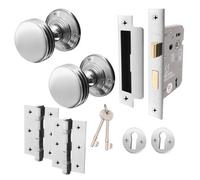 Afit Lined Key Lock Door Knob Set Polished Chrome - 1 Pair Of Mortice Knobs 55mm, Sash Lock 80mm & Hinges 76mm For Internal Doors