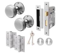 Afit Lined Key Lock Door Knob Set Satin Chrome, 1 Pair Of Mortice Knobs (55mm), Sash Lock (80mm) & Hinges (76mm) For Internal Door