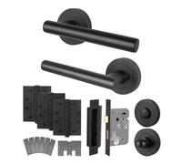 Afit Matt Black Bathroom Door Handle Kit - Fir Fd30/60, 1 Pair Of Internal Lever Handles, Lock 80mm, Hinges - Olvera