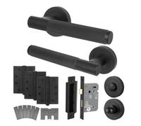 Afit Matt Black Bathroom Door Handle Kit - Fir Fd30/60, 1 Pair Of Knurled Internal Handles, Lock 80mm, Hinges - Nurl