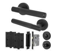 Afit Matt Black Bathroom Door Handle Round Rose Kit, 1 Pair Of Knurled Internal Lever Handles, Lock 80mm, Hinges - Nurl