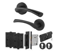Afit Matt Black Door Handle Euro Lock And Double Cylinder Kit, 1 Pair Of Internal Handles, Locks, Hinges - Novi