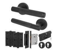 Afit Matt Black Door Handle Euro Lock And Double Cylinder Kit, 1 Pair Of Knurled Internal Handles, Locks, Hinges - Nurl