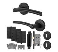 Afit Matt Black Door Handle Key Lock Kit - Fir Fd30/60, 1 Pair Of Internal Lever Handles, Lock 80mm, Hinges - Boston