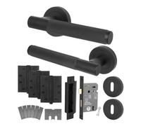 Afit Matt Black Door Handle Key Lock Kit - Fir Fd30/60, 1 Pair Of Knurled Internal Handles, Lock 80mm, Hinges - Nurl