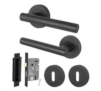 Afit Matt Black Door Handle Round Rose Key Lock Kit, 1 Pair Internal Lever Handles With Lock 64mm - Olvera Range