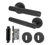 Afit Matt Black Door Handle Round Rose Key Lock Kit, 1 Pair Knurled Internal Lever Handles With Lock 64mm - Nurl Range