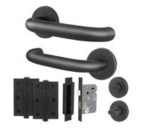 Afit Matt Black Door Handles Bathroom Lock 64mm And Hinge Kit, 19mm Return To Door Lever On Rose Handles, Black