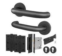Afit Matt Black Door Handles Euro Cylinder Lock And Hinge Kit, 19mm Return To Door Lever On Rose Handles, Black
